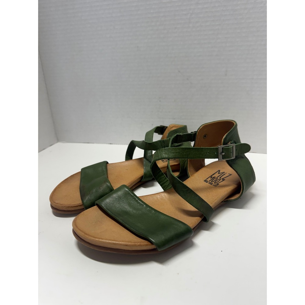 Miz Mooz Aster Green Leather Ankle Strap Flat Sandals Womens 7 Portugal
